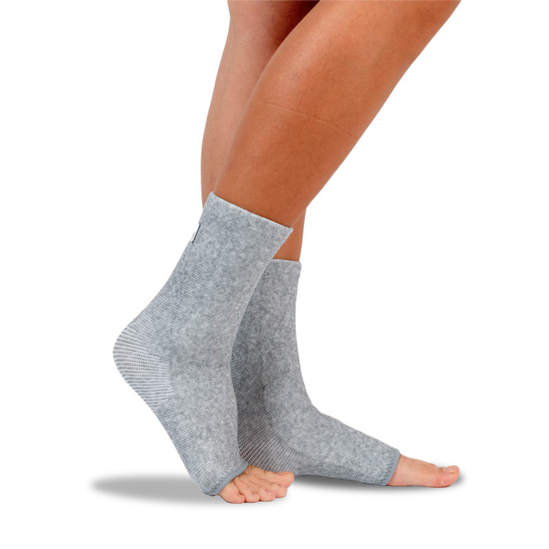 Gray bamboo compression foot sleeve worn on foot