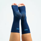 Navy bamboo compression foot sleeves showing ankle and arch coverage