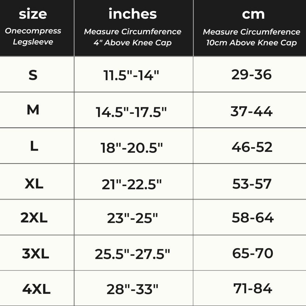 Bamboo compression leg sleeve size chart